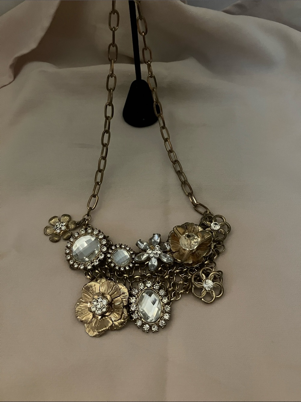Gold Floral Statement Necklace with Clear Crystal Accents